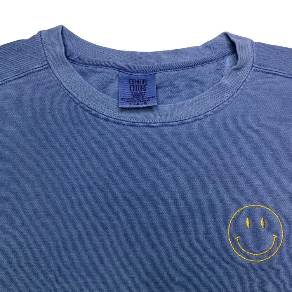 Blue embroidered smiley‎ face crewneck sweater